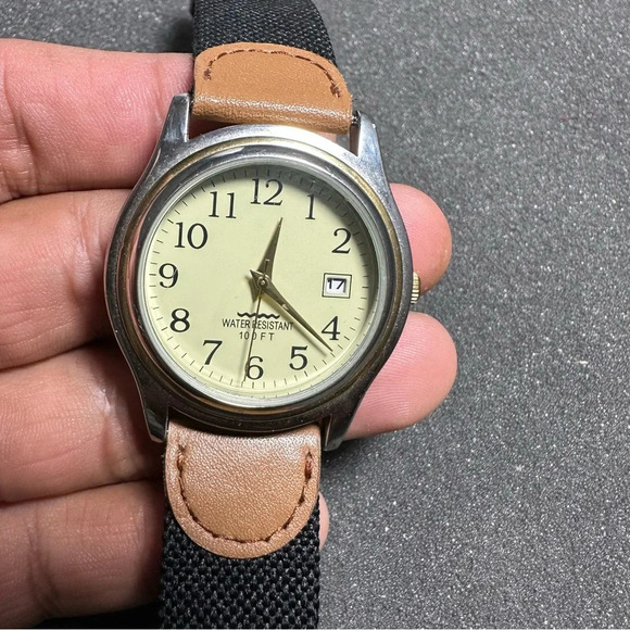 Mens silver tone quartz date just watch beige dial working canvas strap - Picture 1 of 7